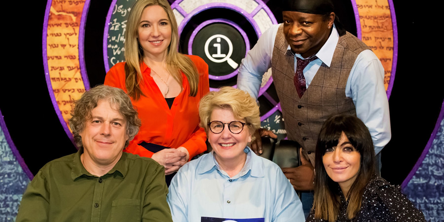 QI. Image shows from L to R: Alan Davies, Victoria Coren Mitchell, Sandi Toksvig, Stephen K Amos, Claudia Winkleman. Copyright: TalkbackThames