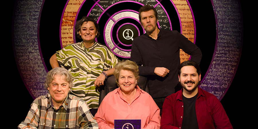 QI. Image shows left to right: Alan Davies, Zoe Lyons, Sandi Toksvig, Rhod Gilbert, Ignacio Lopez