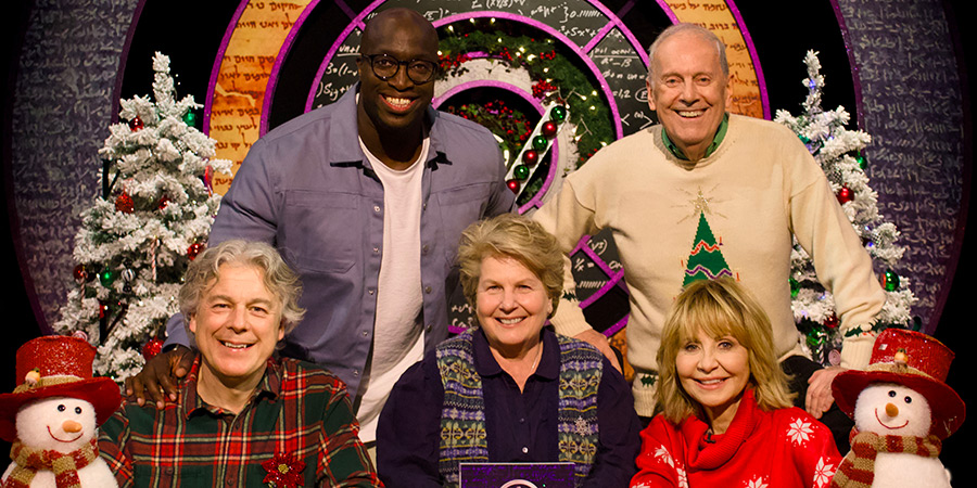 QI. Image shows left to right: Alan Davies, Emmanuel Sonubi, Sandi Toksvig, Gyles Brandreth, Lulu