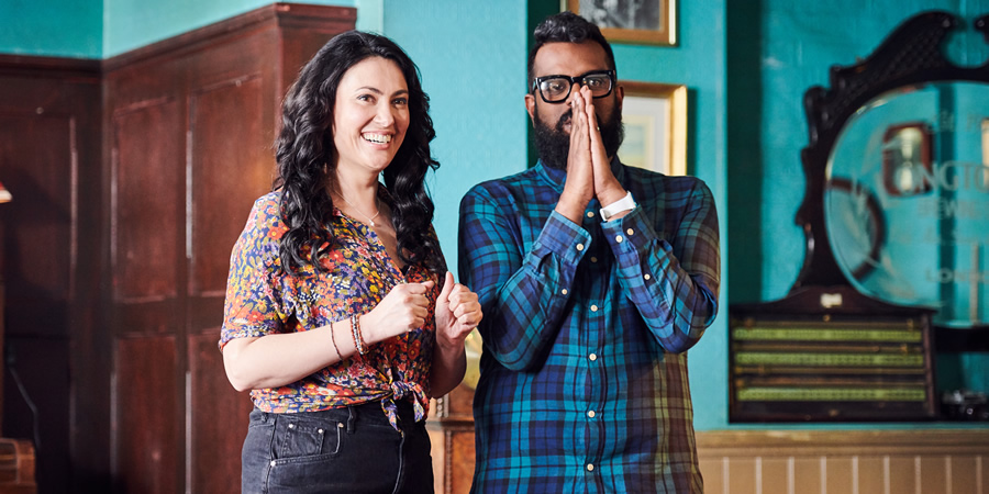 The Reluctant Landlord. Image shows from L to R: Julie (Yasmine Akram), Romesh (Romesh Ranganathan). Copyright: What Larks Productions