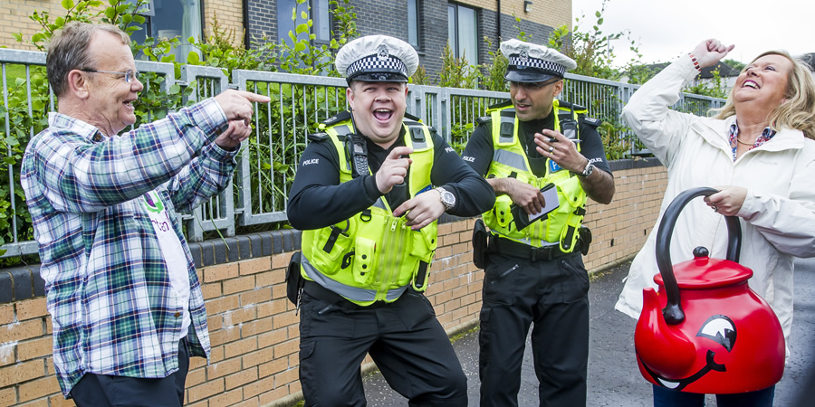 Scot Squad. Image shows from L to R: Artie Trezise, PC Hugh McKirdy (Graeme Stevely), PC Surjit Singh (Manjot Sumal), Cilla Fisher. Copyright: The Comedy Unit