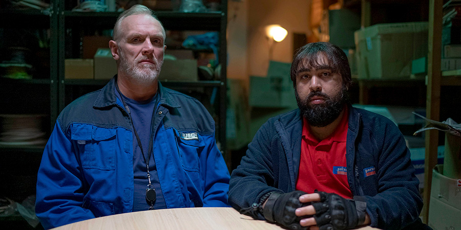 The Cleaner. Image shows left to right: Paul 'Wicky' Wickstead (Greg Davies), Kai (Asim Chaudhry)