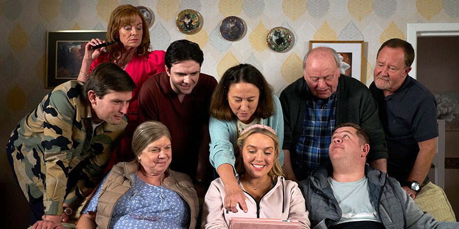 Two Doors Down. Image shows left to right: Gordon (Kieran Hodgson), Cathy (Doon Mackichan), Christine (Elaine C. Smith), Ian (Jamie Quinn), Beth (Arabella Weir), Michelle (Joy McAvoy), Eric (Alex Norton), Alan (Graeme Stevely), Colin (Jonathan Watson)