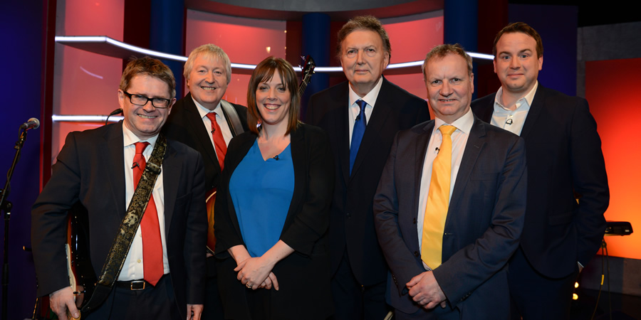 Unspun With Matt Forde. Image shows from L to R: Kevin Brennan, Ian Cawsey, Jess Phillips, Greg Knight, Pete Wishart, Matt Forde. Copyright: Avalon Television