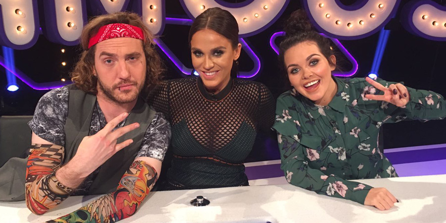 Virtually Famous. Image shows from L to R: Seann Walsh, Vicky Pattison, Scarlett Moffatt. Copyright: Talkback