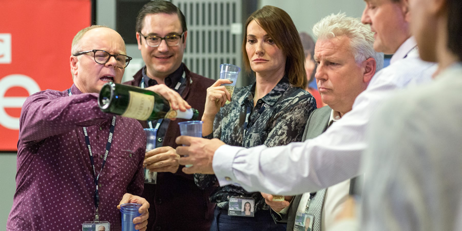 W1A. Image shows from L to R: Simon Harwood (Jason Watkins), David Wilkes (Rufus Jones), Anna Rampton (Sarah Parish), Neil Reid (David Westhead), Ian Fletcher (Hugh Bonneville). Copyright: BBC