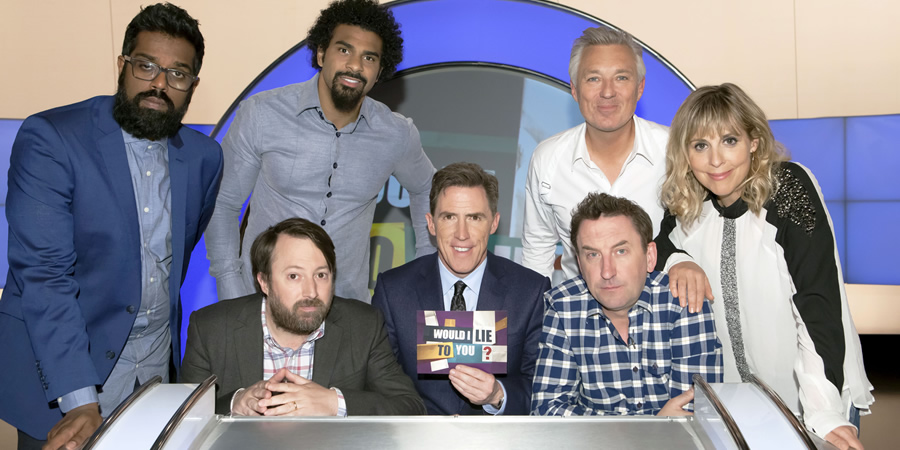 Would I Lie To You?. Image shows from L to R: Romesh Ranganathan, David Mitchell, David Haye, Rob Brydon, Lee Mack, Martin Kemp, Mel Giedroyc. Copyright: Zeppotron