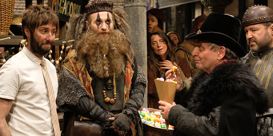 Zapped. Image shows from L to R: Brian (James Buckley), Howell (Paul Kaye), Lord Protector (Sylvester McCoy), Hawthorn (Ricky Grover). Copyright: Baby Cow Productions