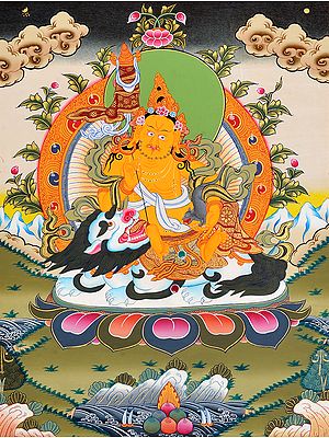 Tibetan Buddhist Deity Vaishravana (Kubera) Seated on White Snow Lion with a Banner of Victory and Mongoose