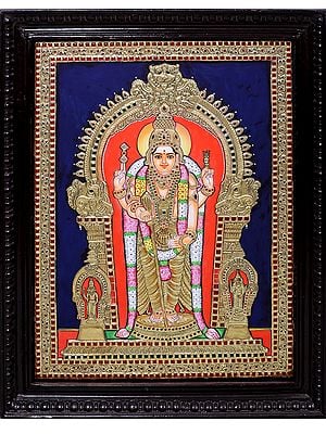 Standing Lord Karttikeya (Murugan) Tanjore Painting | Traditional Colors With 24K Gold | Teakwood Frame | Handmade