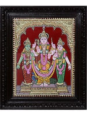 Standing Lord Murugan Tanjore Painting with Devsena & Valli | Traditional Colors with 24 Karat Gold | With Frame