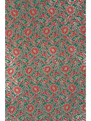 Islamic-Green Katan Fabric from Banaras with Woven Red and Golden Flowers