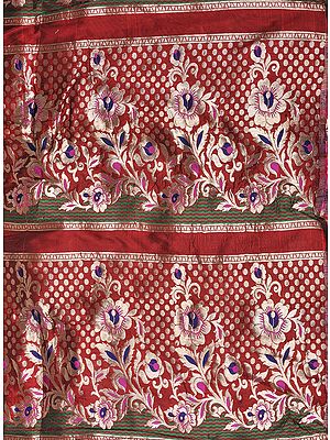 Scarlet-red Brocade Fabric from Banaras with Golden Zari Weave