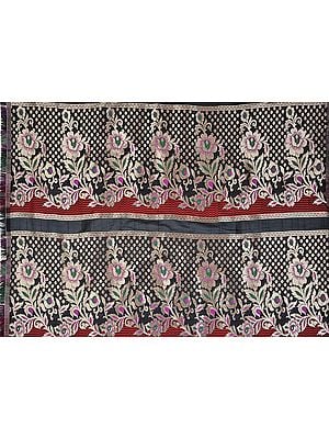 Black Banarasi Brocaded Fabric from Banaras with Woven Flowers and Polka Dots