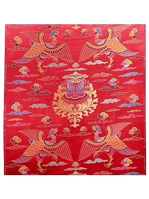 Racing-Red Handloom Brocade Silk Fabric from Banaras with Auspicious Tibetan Motifs