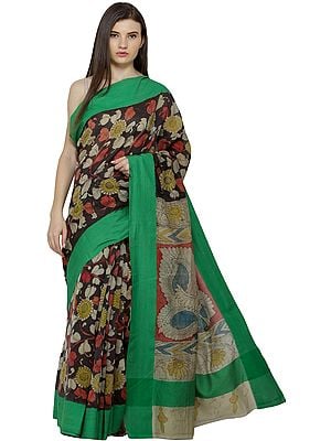 Mojave and Green Kalamkari Sari from Seemandhra with Painted Flowers and Peacocks