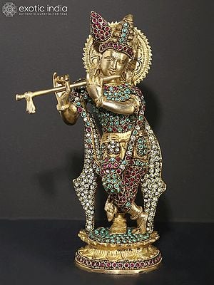 11" Tribhanga Murari (Krishna) Playing Flute | Brass Statue with Inlay Work