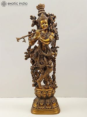 29" Brass Lord Krishna Idol Playing Flute | Handmade Statues | Made in India