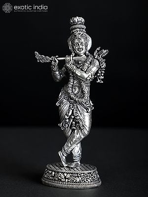 Small Superfine Standing Lord Krishna Playing Flute | Silver Plated Brass Statue (Multiple Sizes)