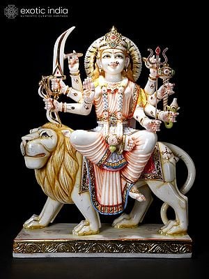 30" Superfine Maa Durga (Sherawali Maa) White Marble Statue | Handmade