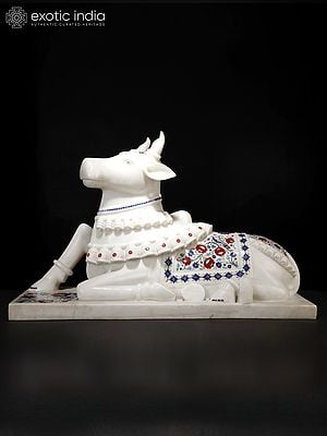 35" Nandi : The Manifestation of Dharma (Shiva’s Bull in Marble | White Marble Statue with Inlay Work