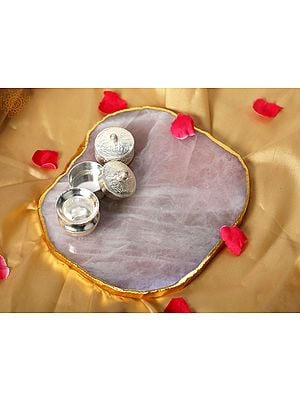 Rose Quartz Plate with Kumkum Box and Gangajali | with Gift Box