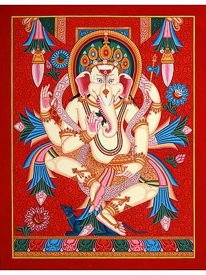 Dancing Ganesha  in Newari Style (Thangka Without Brocade)