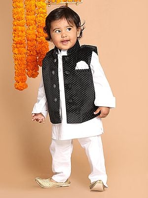 White Cotton Kurta Pajama with Bundi Motif Velvet Modi Jacket