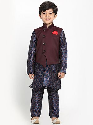 Silk Blend Printed Navy-Blue Kurta Pajama With Angrakha Style Maroon Jacket