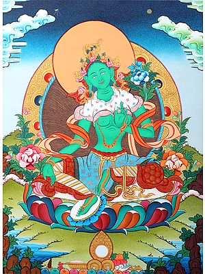 Emerald Green Goddess Green Tara - Tibetan Buddhist Brocadeless Thangka