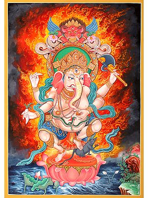 Newari Styled Four Armed Dancing Ganesha -   Brocadeless Thangka