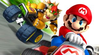 Mario Kart 7 key art showing Mario driving ahead of Bowser.