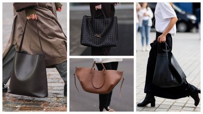 collage of fashion week attendees and street style models with leather tote bags 