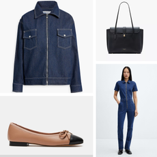 Collage of eb denim jacket, kate spade leather tote bag, steve madden ballet flats, mango denim jumpsuit