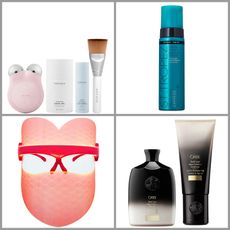 square product collage of nuface mini set, st. tropez express bronzing mousse, skin gym heart led face mask, oribe gold lust shampoo and conditioner set