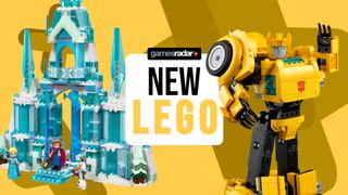 'New Lego' badge with Lego Bumblebee and Lego Elsa's Ice Palace, against a yellow background