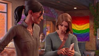 Life is Strange Double screenshot of Max Caulfield and her friend Safi looking at a phone