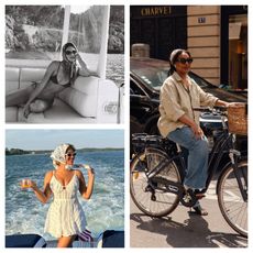 a collage of three women wearing retro hair scarves on boats and on vacation