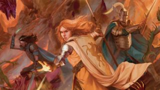 An armored woman with a shield casts a spell from her outstretched hand as other adventurers fight monsters in the background, all taken from D&D artwork in the 2024 Player's Handbook