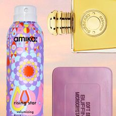 product collage of amika rising star volumizing finishing spray, burberry goddess intense perfume, d.s. & durga x soft services debaser exfoliating bar over sunrise gradient background 