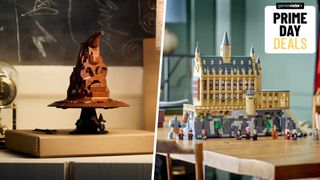 Lego Talking Sorting Hat and Lego Great Hall on tables, divided by a white line, with a 'Prime Day deals' badge in the upper right-hand corner of the frame