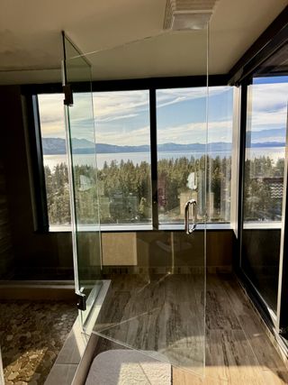 The view of Lake Tahoe from the Harvey's Hotel Room shower.