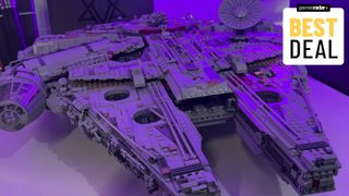 Lego UCS Millennium Falcon set on a table, bathed in purple light, with a 'best deal' badge in the upper right-hand corner of the frame