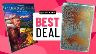 Cartographers and Deck of Lost Souls boxes on either side of a 'best deal' badge, all against a pink background