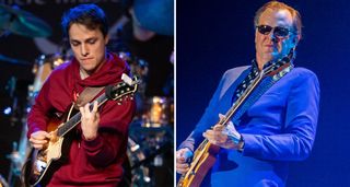 Matteo Mancuso (left) and Joe Bonamassa: the Sicilian virtuoso wears a red hoodie and plays his Yamaha Revstar; Bonamassa wears his blue suit and hits a sore note on a 1959 Gibson Les Paul Standard.