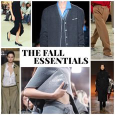 Future graphic of fall essentials like trench coats, maxi coats, white button downs and ballet flats