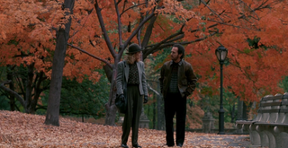 Meg Ryan and Billy Crystal walk in the changing leaves in the movie 'When Harry Met Sally'