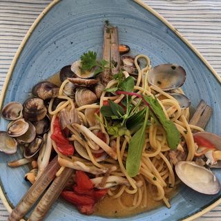 Plate of seafood spaghetti in italy