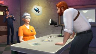 Sims 4 Get to Work screenshot of a police Sim interrogating a prisoner