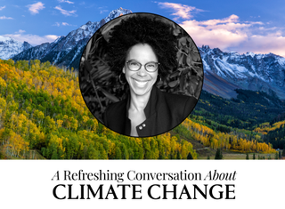 A portrait of climate scientist Ayana Elizabeth Johnson wearing glasses against the backdrop of an image of yellow trees and a snow-capped mountain